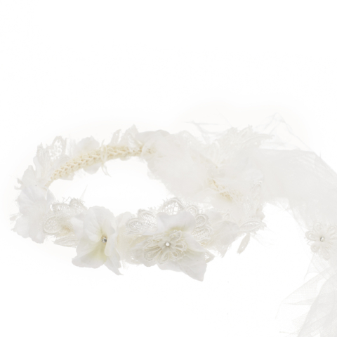 coroncina con velo e fiori in tessuto